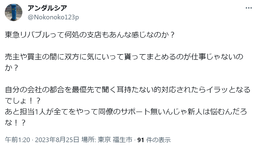 東急リバブルって何処の支店もあんな感じなのか？

売主や買主の間に双方に気にいって貰ってまとめるのが仕事じゃないのか？

自分の会社の都合を最優先で聞く耳持たない的対応されたらイラッとなるでしょ！？
あと担当1人が全てをやって同僚のサポート無いんじゃ新人は悩むんだろな！？