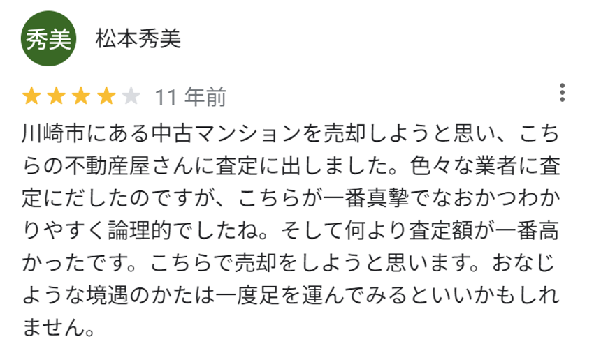 川崎市にある中古マンションを売却しようと思い、こちらの不動産屋さんに査定に出しました。色々な業者に査定に出したのですが、こちらが一番真摯でなおかつ分かりやすく論理的でしたね。そして何より査定額が一番高かったです。こちらで売却をしようと思います。おなじような境遇の方は一度足を運んでみるといいかもしれません。