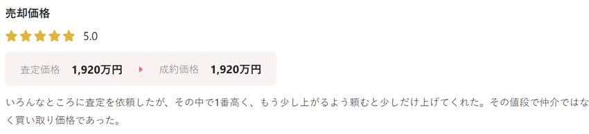 いろんなところに査定を依頼したが、その中で1番高く、もう少し上がるよう頼むと少しだけ上げてくれた。その値段で仲介ではなく買い取り価格であった。